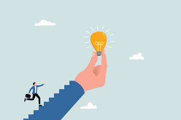 Obraz premium Inspiration idea to inspire or motivate people to success, business innovation or creativity, solution or invention concept, businessman step on stair of big hand holding inspiring bright lightbulb.