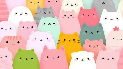 large group of adorable kawaii cats and other pet animals forming a pattern background and filling the frame with pastel colors
