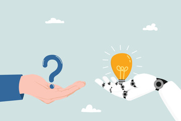 Artificial intelligence AI to help solve problem, chatbot or machine learning to answer hard question, assistance service, technology to help concept, human hand with question mark and AI answer.