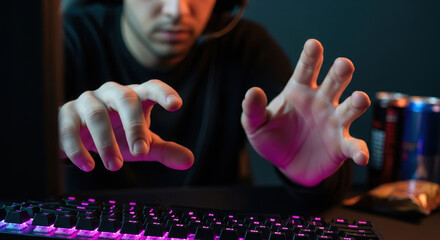Close-up of a Professional Gamer's Hands Hovering Over a Keyboard During an Intense Game