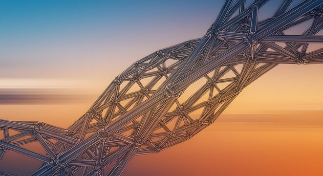 A futuristic twisted metal truss structure resembling a DNA helix against a blurred orange and blue sunset sky.