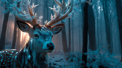 
Winter forest and  deer animal. Vector illustrations of winter, snowy trees,
 snow for banner, postcard or background