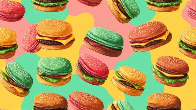 Scattered, colorful burgers with sesame seed buns, cheese, lettuce and tomato on a mottled backdrop