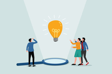 Business insights intelligence information for competitive advantage and win competition, discover business outlook concept, team looking at lightbulb floating from magnifying glass.