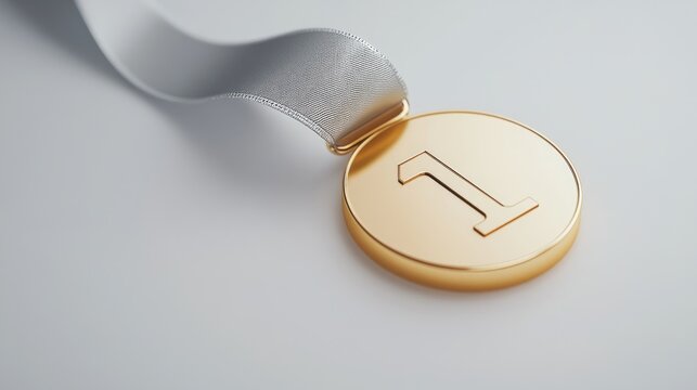 Gold medal with white ribbon on a plain background