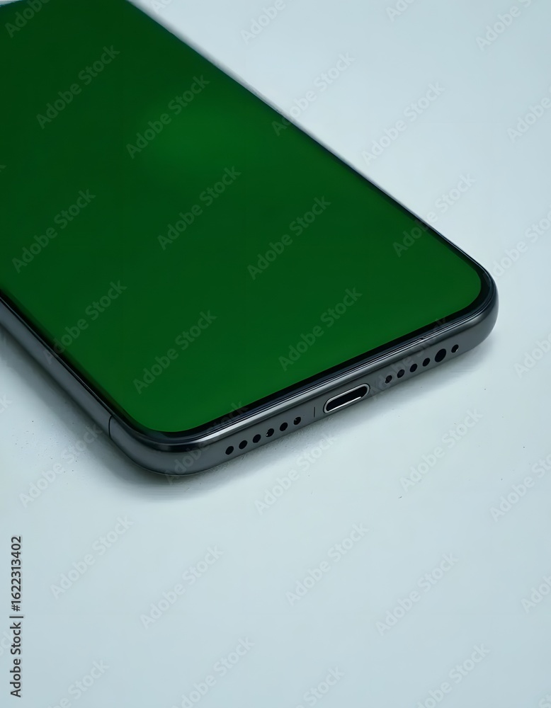 Poster modern smartphone with vibrant green screen ready for app display and digital design projects