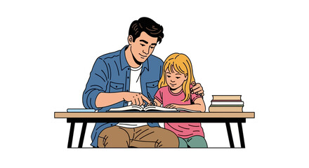 Illustration of a father helping his daughter with homework at a desk in their home providing support for her academic growth and encouraging her to