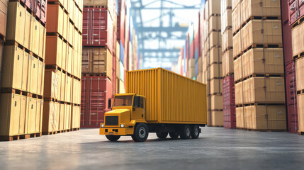 Yellow delivery truck in warehouse storage facility with cargo containers ideal for shipping logistics freight business and supply chain ads