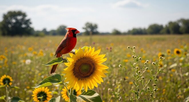 Red Cardinal Bird Perched on Sunflower in Field