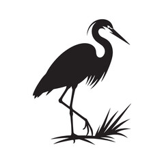 Tall Heron Silhouette – Heron Vector Graphic Depicting Classic Wading Bird Shape – Bird Silhouette – Black Vector of Heron

