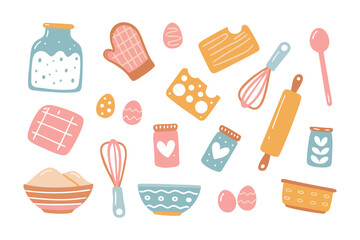 Baking essentials elements: A whimsical collection of illustrated baking essentials, perfect for crafting homemade treats. The illustration style evokes a sense of warmth, creativity.