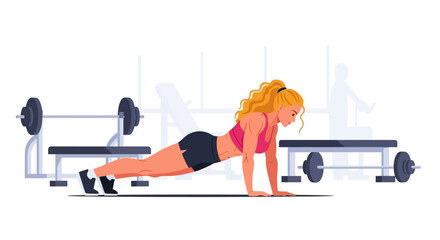 Determined woman performs a push-up exercise demonstrating strength and fitness in the gymnasium surrounded by weightlifting equipment