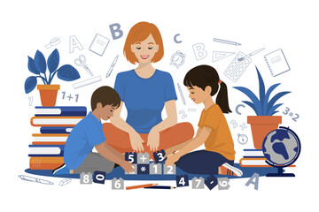 Vector illustration of a teacher guiding two children through a playful math activity. Surrounded by educational elements, they engage in learning with happy and focused expressions.