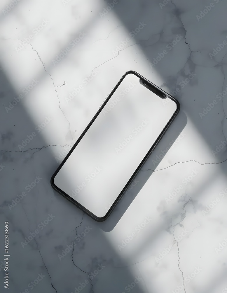 Poster sleek smartphone mockup on elegant marble surface with natural light and shadow for app display