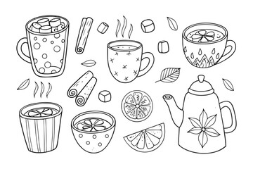 Tea Time Delight: An array of charming tea-themed illustrations, featuring a teapot, mugs, lemon slices, cinnamon sticks, and delightful marshmallows.