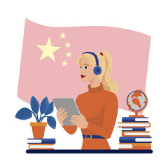 Vector illustration of a woman using a tablet with headphones on, surrounded by books and a globe. The Chinese flag is displayed in the background, symbolizing international learning.