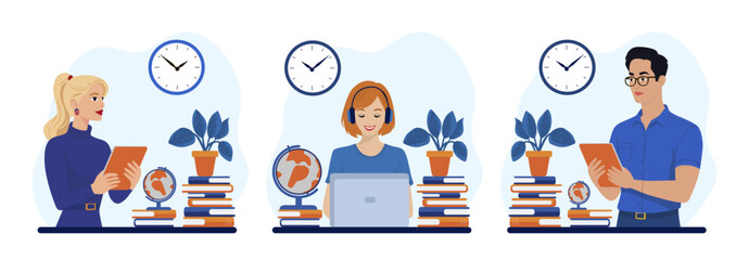 Vector illustration of three individuals engaged in remote learning. Each person uses devices and books, expressing focus and concentration. The setting includes clocks and globes for added context.