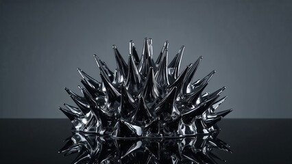 Black Metal Spiky Sculpture: Modern Abstract Design in Minimalist Studio Photography With Artistic Texture and Reflections