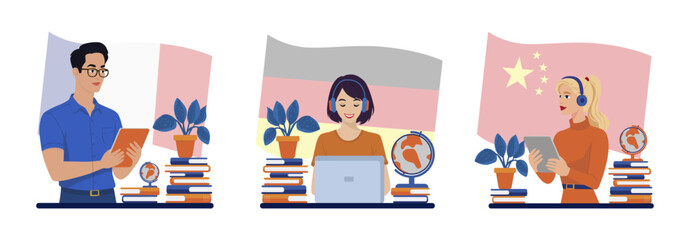 Vector illustration of three individuals studying with digital devices against the backdrop of national flags, representing online learning or remote education. Their expressions convey concentration 