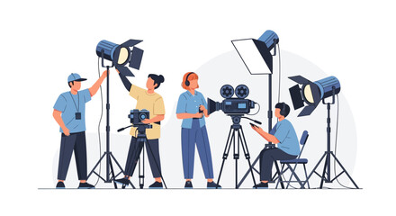 Film Production Crew Setting Up Equipment for a Shoot Inside Studio for Cinematography, Visuals, Art, and Content Creation Process Depiction