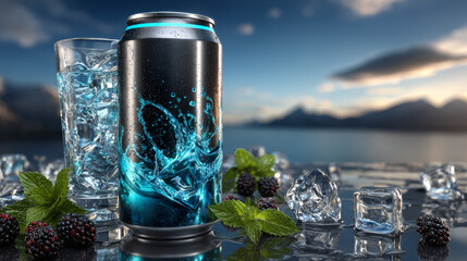 Ice drink metallic can. Tonic advertising on blue background 3d