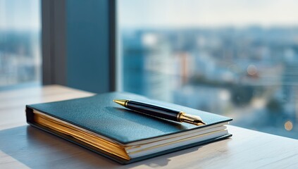 Teal-bound planner on a table, pen atop, city view beyond