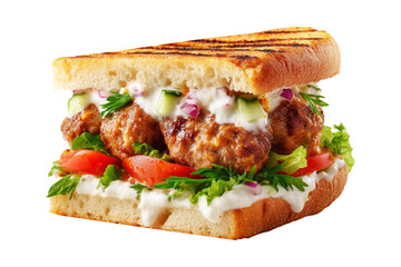 Kofta meatball sandwich with creamy tahini sauce, lettuce, tomatoes, parsley and onions on focaccia bread, isolated on white transparent background, concept of Modern Arabic lunch and street fast food
