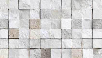 Close-up view of textured square tiles, light beige and white, with variations in tone