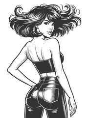 Naklejka na ściany i meble woman in tight jeans and strapless top, turning back with flowing hair sketch engraving generative ai fictional character vector illustration. Scratch board imitation. Black and white image.