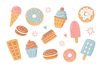 Sweet Delights Array: A delightful illustration showcases a variety of tempting desserts, including donuts, ice cream, macarons, and more.