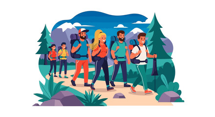 Naklejka premium Illustrative Depiction of a Group of Hikers on a Scenic Mountain Trail Expedition Adventure