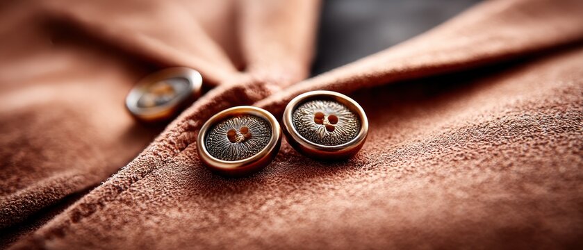 Closeup of two buttons on a rust-colored jacket