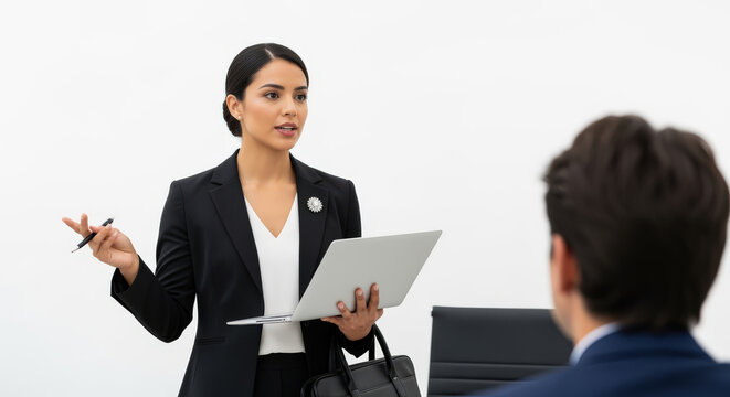 Professional Woman Presenting with Laptop and Pen. - Powered by Adobe