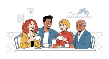 Diverse generations connect over coffee: A heartwarming scene of laughter and togetherness in a stylish cafe setting