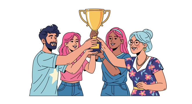 Diverse Team Celebrating Victory by Holding Golden Trophy Together in Unity for Recognition, Achievement and Celebration of Triumph and Winning