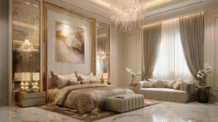 Ornate beige bedroom with golden accents, featuring a large bed and marble flooring