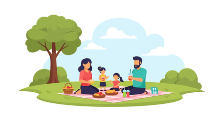 Family enjoying outdoor picnic with delightful snacks on a sunny day in nature setting illustration