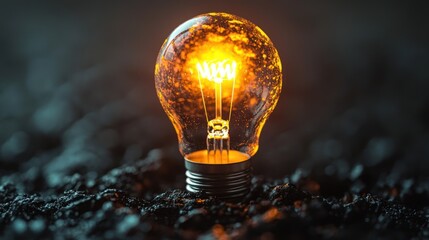 A glowing light bulb emitting a warm, golden glow, set against a dark, textured background.