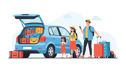 Naklejka premium Family Adventure: Illustrated Scene of a Family Preparing for a Road Trip Filled With Anticipation and Excitement to Begin Their Journey