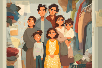 Family standing in cluttered closet or storage room, looking stressed and overwhelmed, with clothes and items scattered around, conveying sense of chaos and frustration
