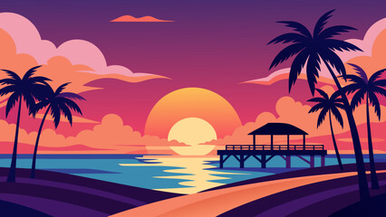 Vibrant Sunset Over Scenic Horizon Vector Art