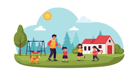 Fototapeta premium Cartoon Family Scene in a Suburban Landscape Featuring Joyful Father and Daughters 63 characters