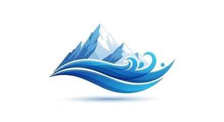 Stylized logo of a snowcapped mountain with flowing blue waves isolated on white background