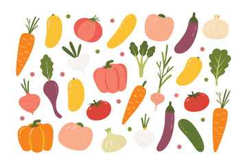 Vibrant Vegetable Collection: A cheerful collection of hand-drawn vegetables, including carrots, tomatoes, bell peppers, eggplant, and more, arranged in a playful pattern against a white background.