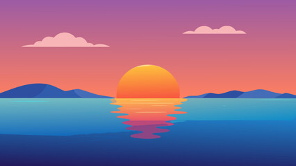 Sunset Over Vast Water Body Scenic Illustration