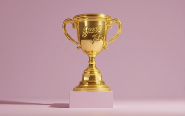 Fototapeta premium Golden trophy with “Great Job” engraved, displayed on pink background