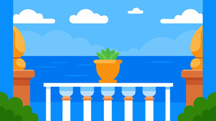 Cartoon Balcony Scene with Scenic Background