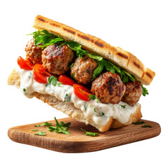 Kofta meatball sandwich with creamy tahini sauce, lettuce, tomatoes, parsley and onions on focaccia bread on wooden plate, isolated on white transparent background, concept of Modern Arabic lunch and 