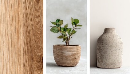 Wood, plant, and vase still life.  Neutral tones