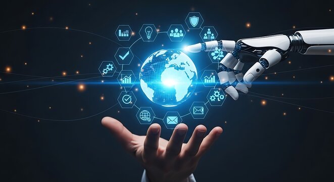 A robotic hand gently cradles a glowing globe surrounded by digital icons, symbolizing the convergence of artificial intelligence and global connectivity in a futuristic technological landscape